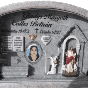 Epitafio en mármol nacional grabado, apliques y cajón.
